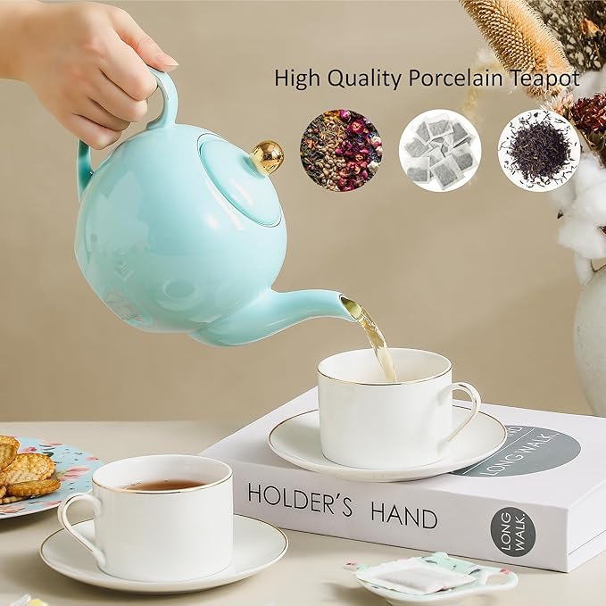 30oz Blue Porcelain Teapot, Ceramic Teapot with Gold Trim, Elegant Teapot for Loose Leaf Tea & Tea Bags, Tea Party Essential