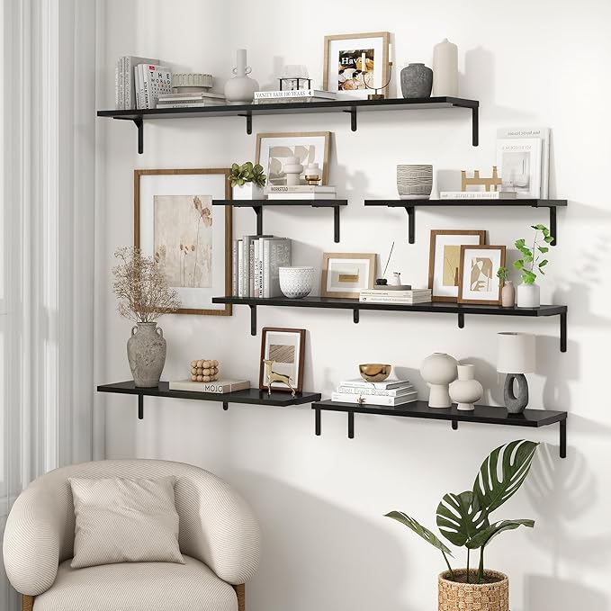 Fun Memories Deep Floating Shelves, 36W x 8D Floating Shelves Set of 2, Wall Mounted Shelf with Metal Brackets, Rustic Wood Wall Shelf for Bathroom, Kitchen and Living Room, Black