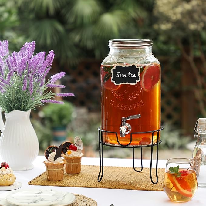 1.5 Gallon Glass Drink Dispenser with Stand – Large Beverage Dispenser with Stainless Steel Spigot, Chalkboard Tags & Marker – Glass Water Dispenser for Fridge, Parties, Weddings and Home Use,Silver