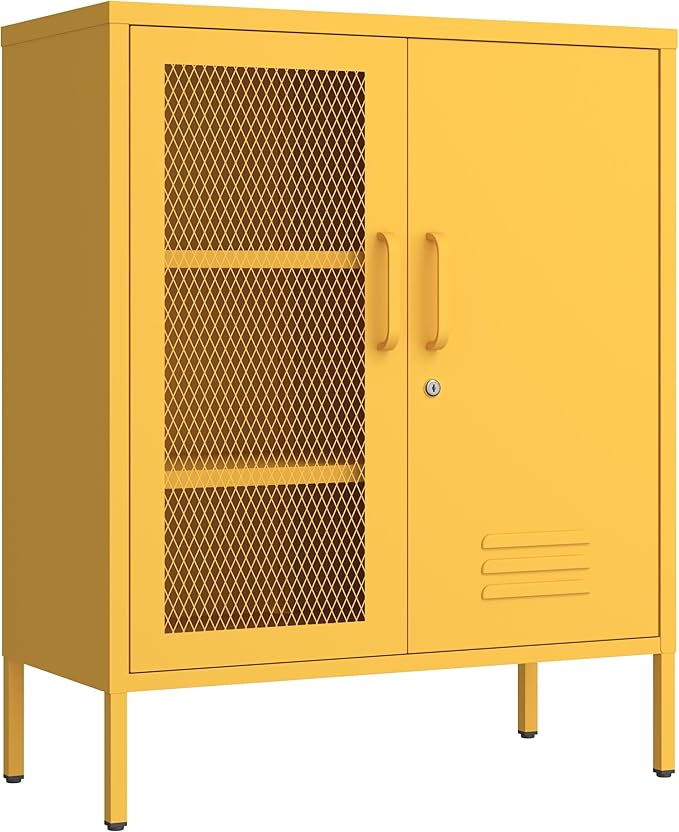 Steel Storage Cabinet Modern Metal Locker with Adjustable Shelf Lockable Storage Cabinet Metal Double Door Locker Home & Office Furniture Easy Assembly Yellow Size：33" H X 29.5" W X 13.8" D