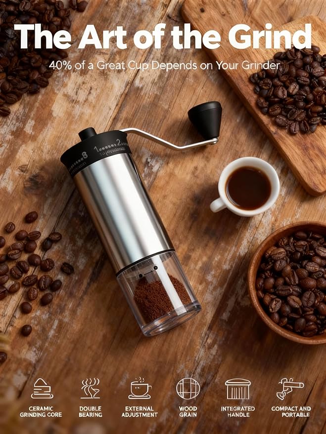 LAMIDO Mini Manual Coffee Grinder, 56 External Adjustable Settings, 30g Capacity, Portable Ceramic Conical Burr Mill with Crank, Single Dose Hand Grinder for Camping, Travel - Stainless Steel Finish
