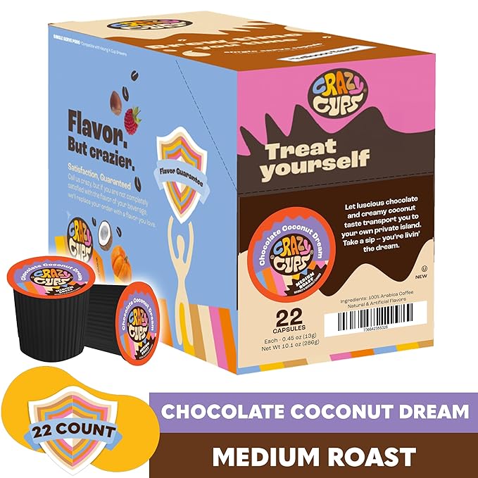 Crazy Cups Flavored Coffee for Keurig K-Cup Machines, Chocolate Coconut Dream, Hot or Iced Drinks, 22 Single Serve, Recyclable Pods