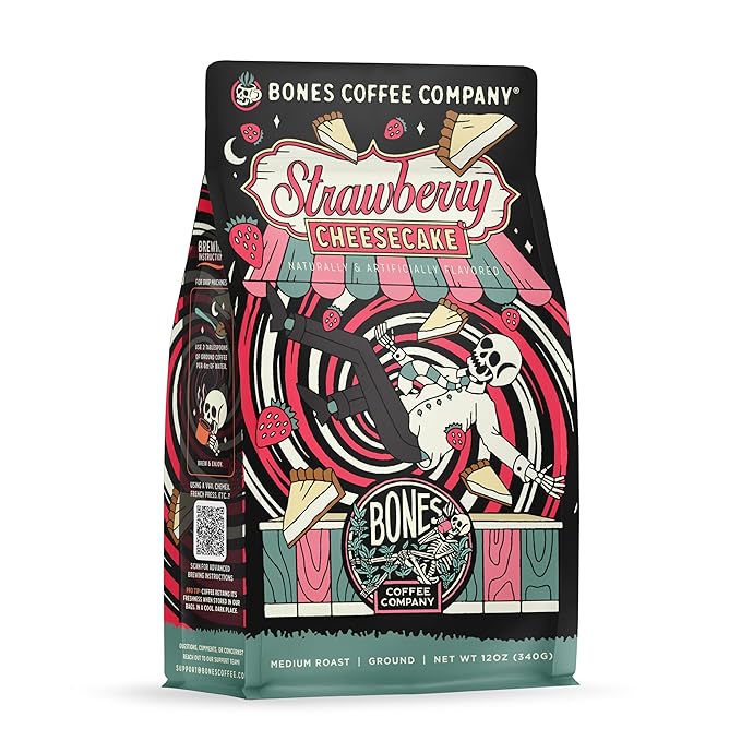 Bones Coffee Company Strawberry Cheesecake Flavored Coffee, Medium Roast Low Acid Arabica Beans Compatible with Auto drip and French Press Coffee Maker, 12 Oz Ground