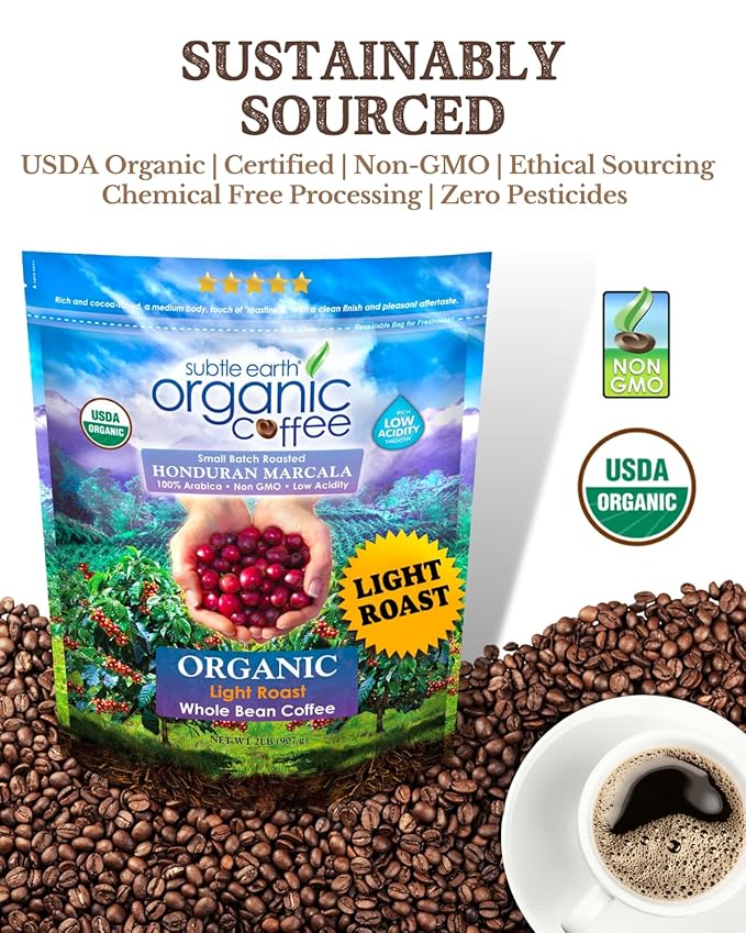 2LB Subtle Earth Organic Coffee - Light Roast - Whole Bean Coffee - 100% Arabica Beans - Low Acidity and Non-GMO - 2lb bag