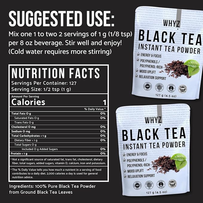 WHYZ Instant Black Tea Powder, 4.5 oz, Unsweetened Iced Tea Concentrate from Real Black Tea Leaves, Instant Powder for Hot & Cold Drinks, Powdered & Unsweet Tea 127 Servings