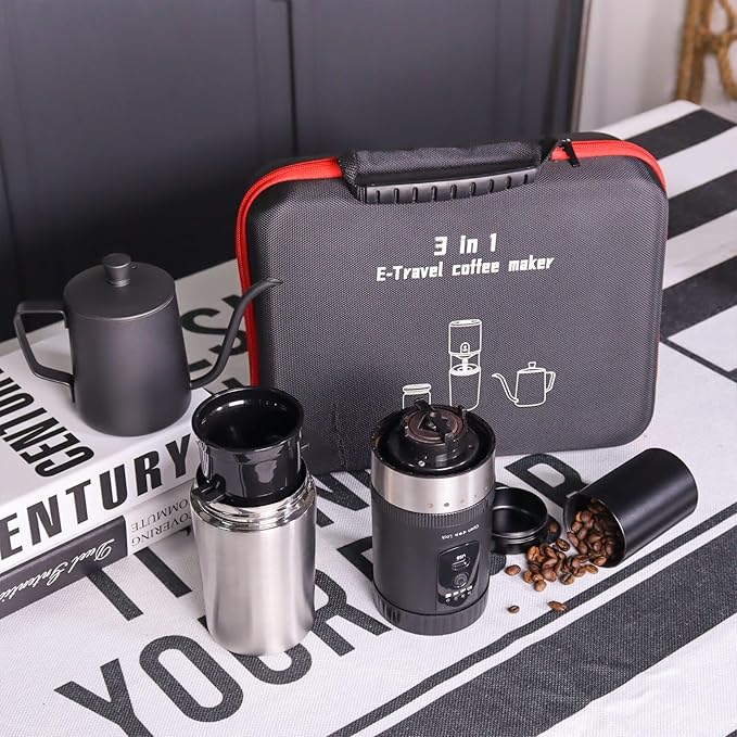 SOTECH 3 in 1 Portable Coffee Maker Electric Burr Coffee Grinder Black Pour Over Kettle Coffee Bean Storage For Travel Hiking Picnic Camping