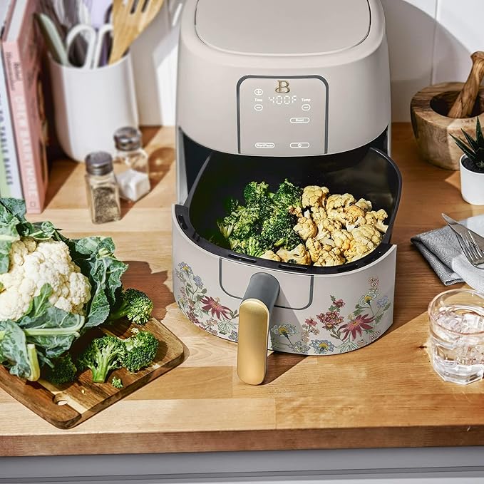 Beautiful 6 Qt Air Fryer with TurboCrisp Technology, AllGood Ceramic Nonstick Coating - Roast, Reheat and dehydrator, kitchen appliances by Drew Barrymore (Wildflower Porcini Taupe)
