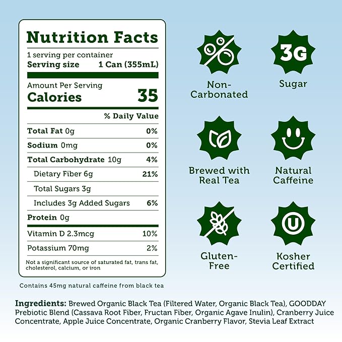 HALFDAY Prebiotic Iced Tea Cranberry, Supports Digestive & Gut Health, Plant Fiber & Prebiotics, 3g Sugar, 35 Calories, Natural Caffeine, Gluten Free, 12 fl oz (12 pack) Packaging May Vary
