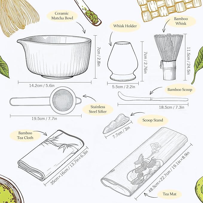 Traditional Matcha Tea Set, 8-Piece Complete Matcha Kit Set with Chawan Ceramic Bowl with Spout, Bamboo Whisk and Holder, Scoop, Sifter, Tea Towel Cloth and Mat - Ceremonial Matcha Bowl Set