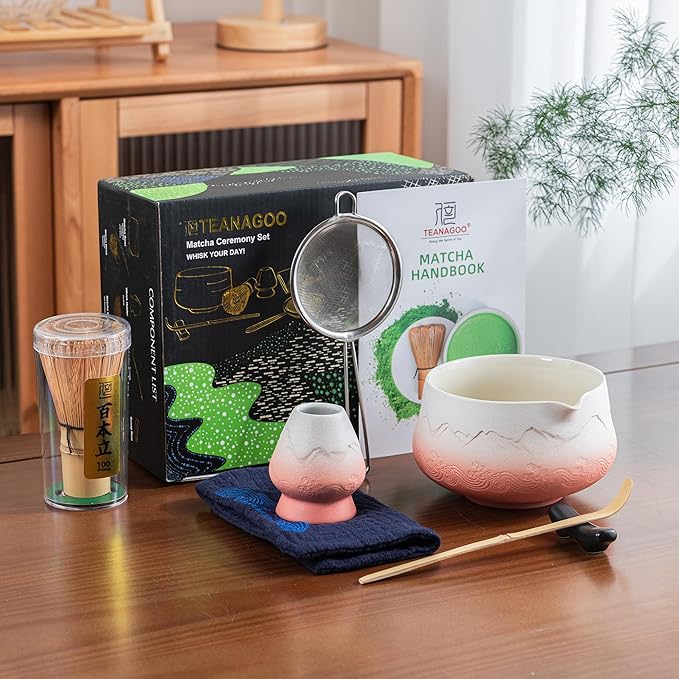 TEANAGOO 7 Pcs Matcha Whisk Set,Pink Matcha Set, Matcha Kit for Ceremony, Matcha Tea Set for Making Breakfast/Latte, Matcha Whisk and Pink Bowl with Scoop&Sifter, Gift for Matcha Lover
