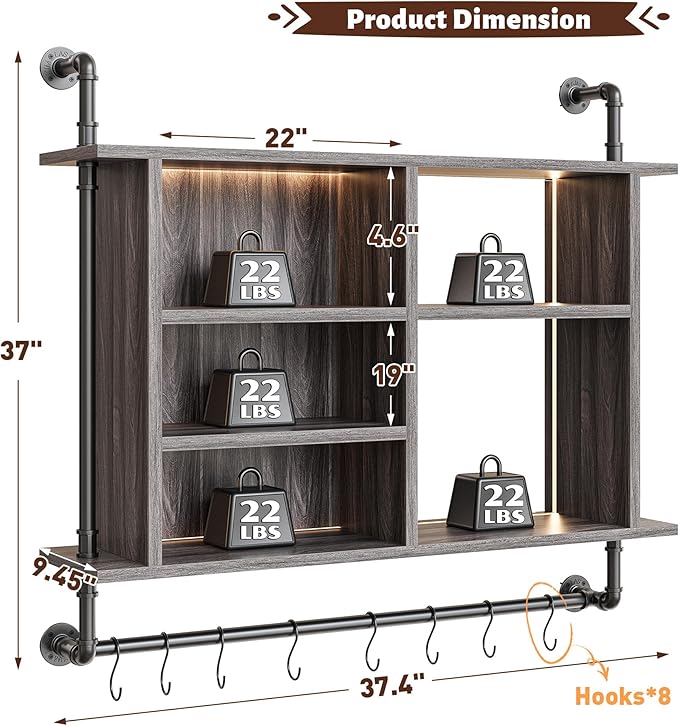 REIBII 4-Tier Industrial Pipe Shelving, 37.4" Kitchen Shelf with LED Light, Floating Shelves with 8 S-Hooks for Kitchen, Living Room, Home Office Bar, Dark Grey