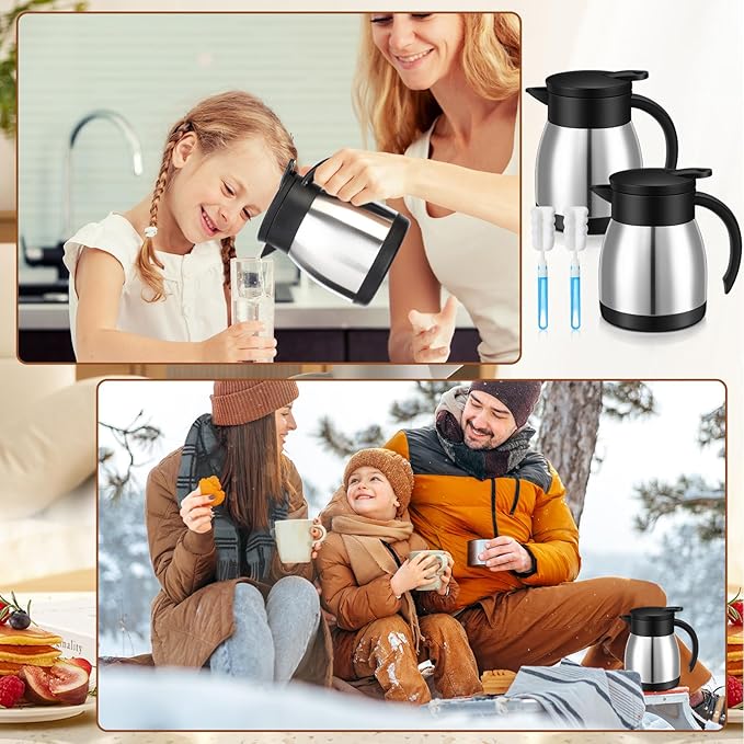 Uiifan 2 Pcs 17 Oz Thermal Coffee Carafe Stainless Steel Insulated Vacuum Coffee Carafes Double Walled Vacuum Thermal Pot Flask with Brushes for Keeping Cold Hot Tea Water Milk Home Office (Silver)