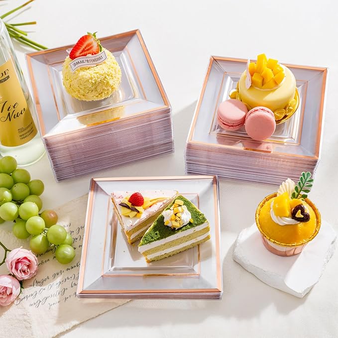 bUCLA 100 Pieces Clear Rose Gold Square Plastic Plates - 6 Inch Clear Plastic Dessert/Cake Plates with Rose Gold Trim Disposable - Ideal for Party, Wedding, Mother's Day & Valentine's Day