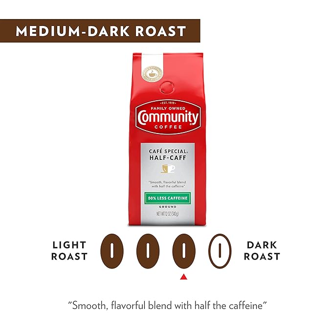 Community Coffee Cafe Special Half-Caff, Medium Dark Roast Ground Coffee, 12 Ounce (Pack of 2)