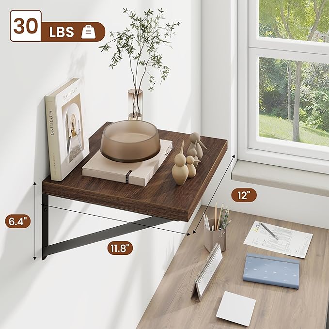 Deep Wall Shelves 12"W x 12"D Engineered Wood Floating Shelves for Wall, Sturdy Metal Bracket Bookshelves Home Decor Storage for Living Room Bedroom Bathroom Kitchen, Set of 2, Walnut Finish