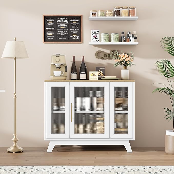 GarveeHome 36 Inch Coffee Bar Buffet Cabinet with Fluted Glass Doors and Gold Handles, Modern Sideboard Storage with Adjustable Shelves, for Kitchen Dining Room Living Room Entryway