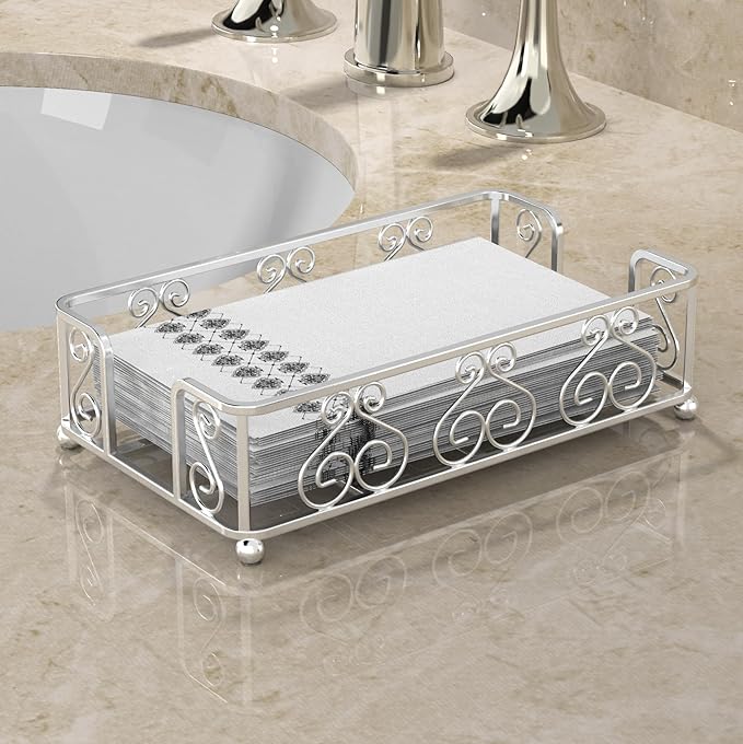 Silver Guest Towel Holder Tray for Bathroom – Napkin Organizer for Disposable Hand Paper Towels, Vanity Countertop Napkin Holder, Modern Bathroom Accessory for Guest Use and Décor