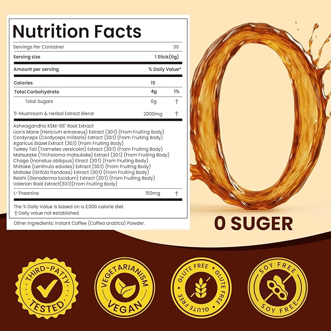 Mushroom Coffee Original Black 11 in 1 Adaptogenic Mushrooms Blend with Ashwagandha KSM-66,Lions Mane,Reishi,Turkey Tail Instant Mushroom Coffee for Boost Energy, Focus 30 Servings