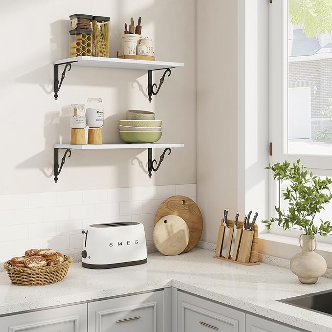 RICHFOCUS 12 Inch Deep Floating Shelves for Wall, 24" W x 12" D Wood Wall Shelves Set of 2, Wide Floating Shelves for Living Room, Bedroom, Kitchen, Bathroom and Decor Storage, White