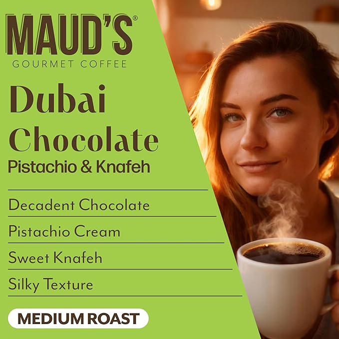 Maud's Dubai Chocolate Flavored Coffee Pods, 18 ct, Medium Roast Flavored Coffee in Recyclable Single Serve Pods – 100% Arabica Beans, Compatible with Keurig K Cups Maker