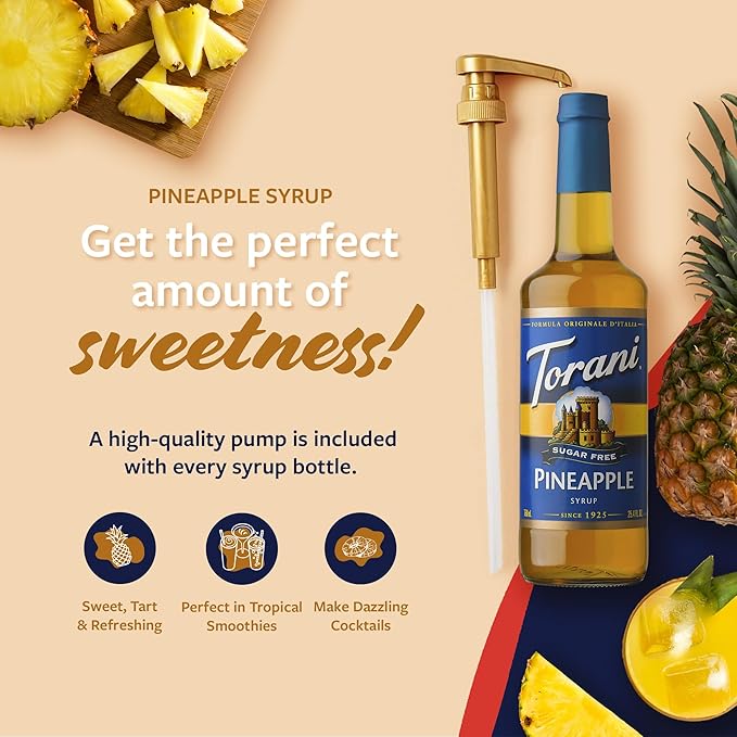 Torani Sugar Free Syrup, Pineapple Flavored Syrup for Drinks, Zero Calorie, Glass Bottle with Pump Included, 25.4 Fl Oz