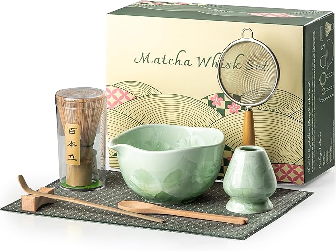 Matcha Whisk Set, Handcrafted Crystalline Glaze Matcha Set, 8 Pcs Matcha Kit Includes Matcha Bowl, Whisk with Holder, Bamboo Scoop & Spoon, Sifter and Tea Towel, Ceremonial Matcha Tea Set