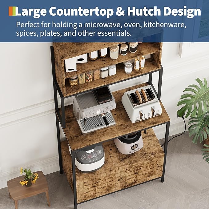 68'' Kitchen Bakers Rack, with Power Outlet, Vintage Wood Media Rack Organizer, Industrial Microwave Stand, with Storage Shelves & Cabinet, Coffee Bar Station for Kitchen Storage