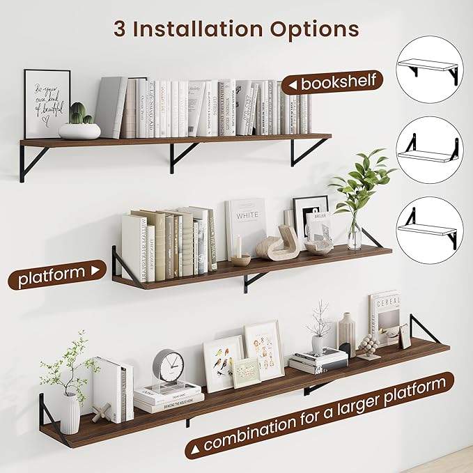 Axeman Deep Floating Shelves for Wall - 55 Inch Wide x 10 Inch Deep Walnut Floating Shelves Set of 2 - Wide Wall Shelves for Living Room Bathroom Bedroom