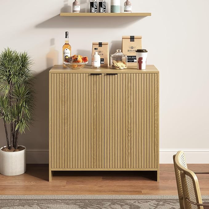 31.5" Fluted Buffet Cabinet with Storage, Sideboard Buffet Storage Cabinet with 2 Doors and Adjustable Shelves, Wood Mid-Century Media Console Coffee Bar Table for Living Room ,Kitchen, Entryway