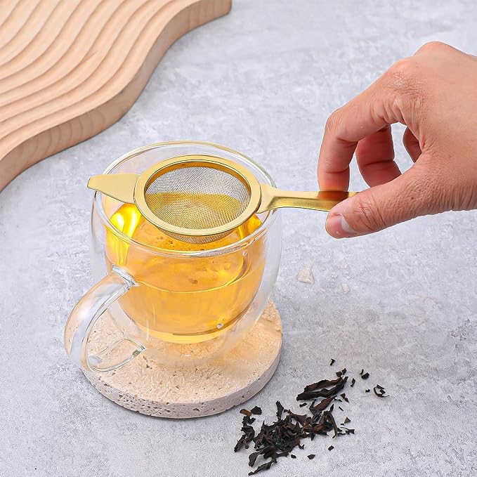 TIESOME 2.2"Gold Matcha Sifter Strainer, 30 Fine Mesh Mini Strainer for Tea with Handle and Base Stainless Steel Small Tea Strainer for Loose Coffee Cocktail with Base (Gold)