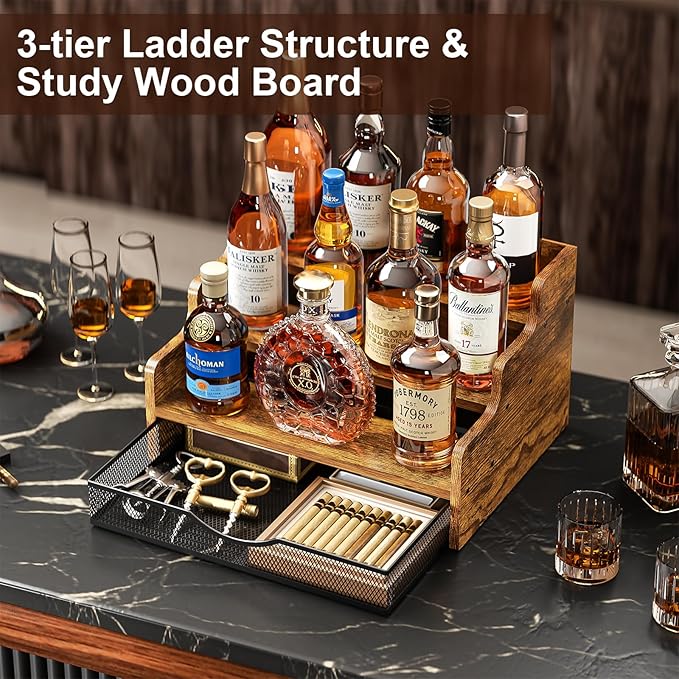 Liquor Bottle Display Shelf with Drawer, 3 Step Countertop Bar Shelves, Coffee Syrup Rack Organizer, Mini Bar, Retro Wine Rack Storage Shelves Stand for Liquor Whiskey Wine