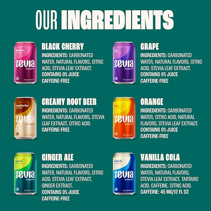 Zevia Zero Sugar Soda, Rainbow Variety Pack, 12 oz Cans (24-Pack) – Naturally Sweetened, Non-GMO Project Verified, Gluten-Free, Vegan