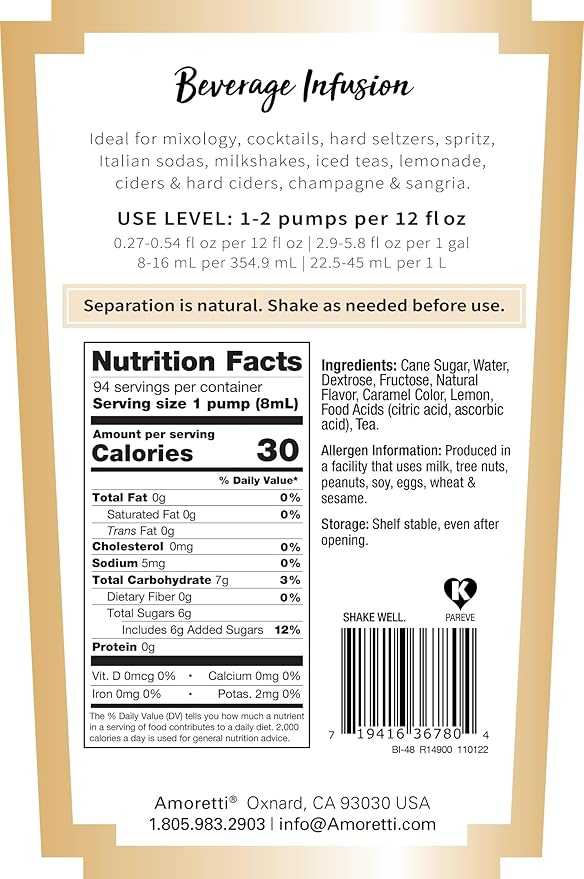 Amoretti - Chai Tea Lemonade Beverage Infusion, 94 Servings Per Bottle (750 ml) - Drink Mix & Water Enhancer with Pump for Flavoring Cocktails, Waters, Teas, and other Beverages, Preservative Free