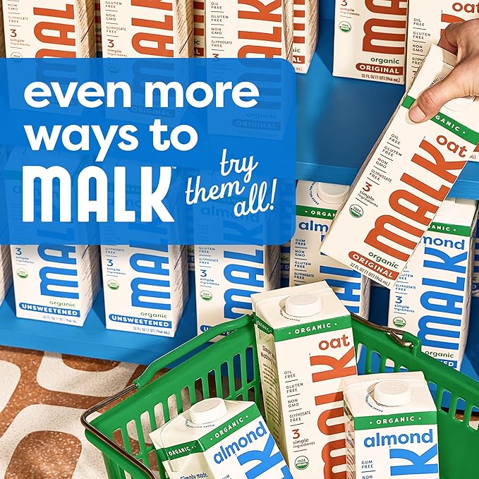 MALK Almond Milk Unsweetened (32oz, Pack of 6) - Shelf Stable Organic Almond Milk, Non GMO, Whole 30, Dairy Free, Vegan, Plant Based, No Gums or Fillers - Malk for Smoothies, Cereal, Coffee,Creamer