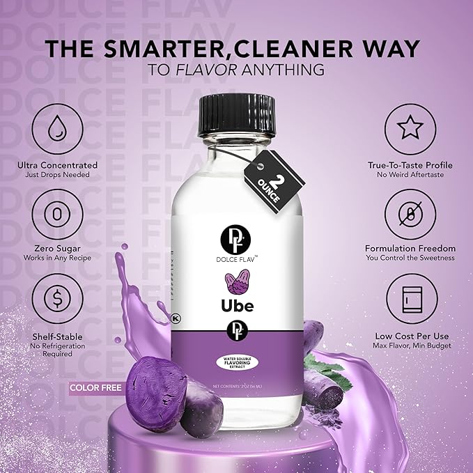 Dolce Flav Clear Ube Extract - 8 Ounce Water-Soluble Multipurpose Flavoring Ideal for Ice Cream, Cookies, Boba, Coffee & Pastries - Purple Yam Flavoring - Perfect Kitchen Gift for Holidays
