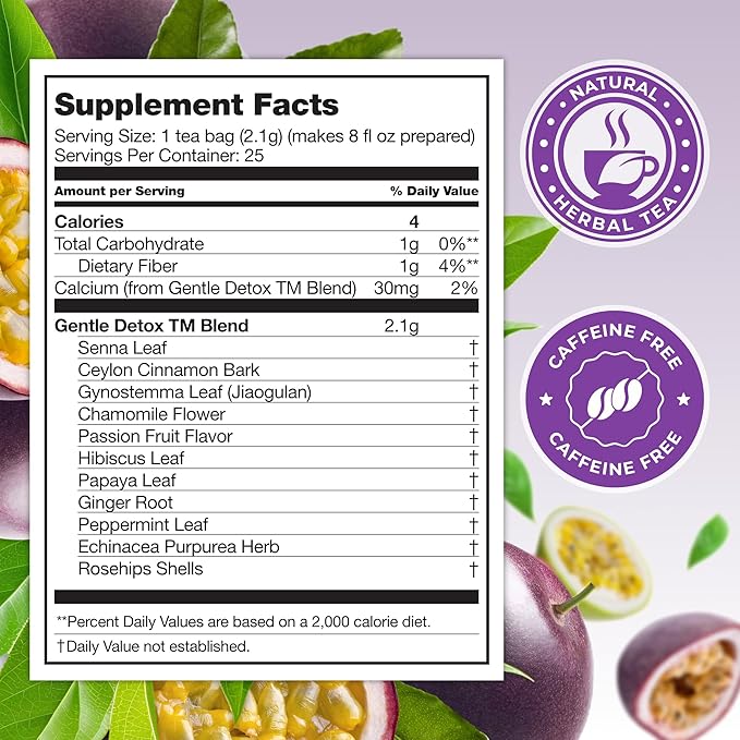 Total Tea SIimming Detox Tea Caffeine Free - 25 Day Detox - Herbal Tea with Chamomile, Hibiscus Tea & Ginger Root for Colon Cleanse – Natural Passion Fruit Tea