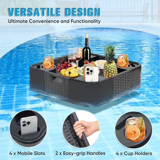 COOS BAY 24''x24'' Square Floating Drink Holder for Pool and Hot Hub, Large Floating Serving Tray with Handles, Wicker Floating Pool Tray for Food and Drinks, Gray