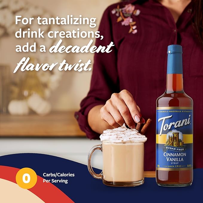 Torani Sugar Free Coffee Syrup, Cinnamon Vanilla Flavoring for Drinks, Zero Calorie, Glass Bottle with Pump Included, 25.4 Fl Oz