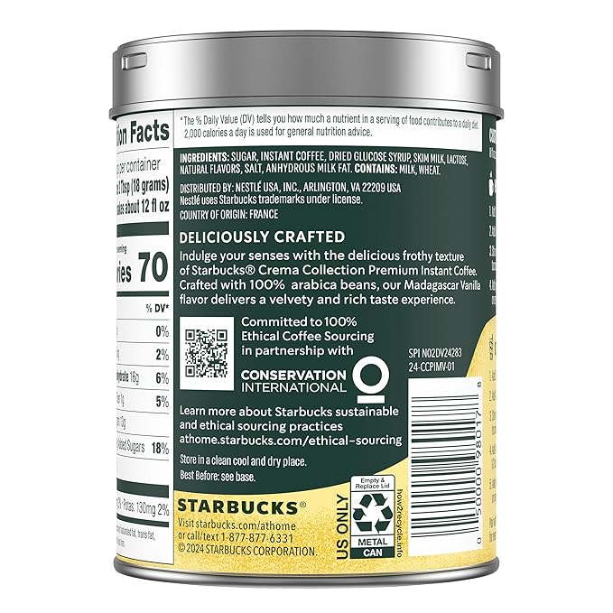 Starbucks Crema Collection Premium Instant Madagascar Vanilla Flavored Instant Coffee, 100% Arabica Beans, 3 Tins (7.12 Oz Each)