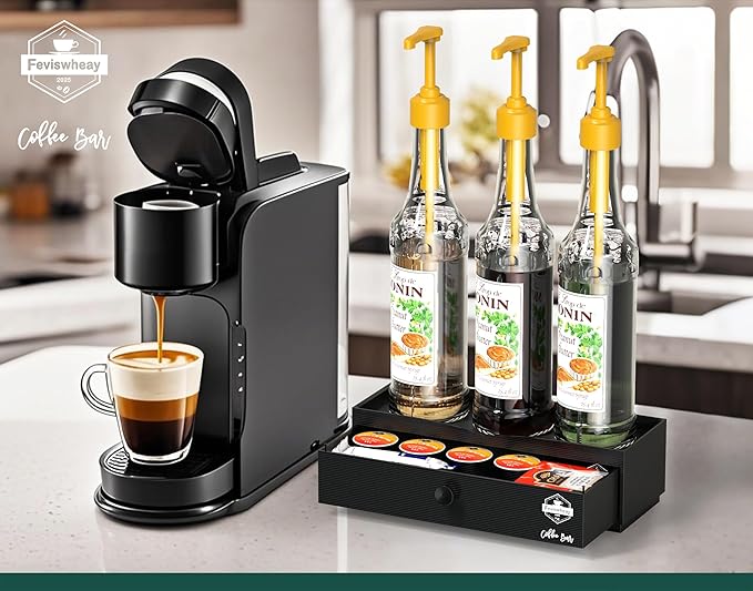 2-Tier Coffee Syrup Organizer Rack with Drawer, No Assembly Required, Compact Stand for Torani & Monin Bottles, Dirty Soda Bar Supplies, Space-Saving for Small Countertop