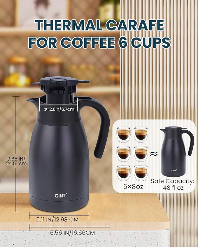GiNT 51Oz Stainless Steel Thermal Coffee Carafe with Lid/Double Walled Vacuum Thermal Carafe / 12 Hour Heat Retention (Black, 1.5L)