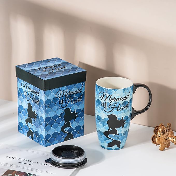 DUSVALLY Ceramic Coffee Mug Travel Cup Gift with Lid 17oz, Tea Cup with Handle for Latte, Cappuccino and Cocoa, Home and Office Porcelain Coffee Cups, Mermaid at Heart