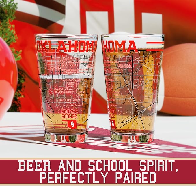 Greenline Goods – University of Oklahoma Sooners College Pint Beer Glasses (Set of 2), 16 oz – Full-Color Logo + Campus Map