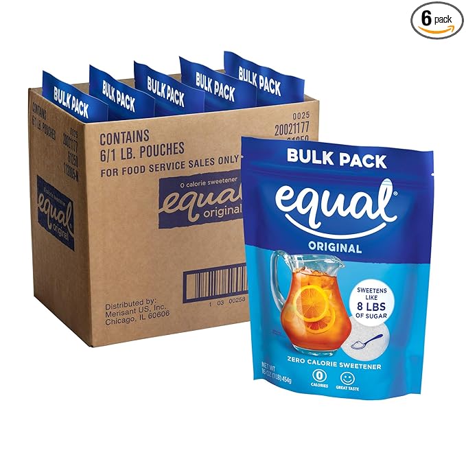EQUAL 0 Calorie Sweetener, Powdered Aspartame and Acesulfame-K Sweetener, Zero Calorie Sugar Alternative, Erythritol Free, 1 Pound Bulk Bag (Pack of 6)