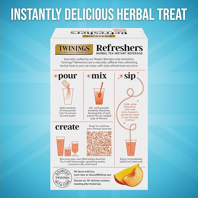 NEW Twinings Peach Mango Refreshers, Herbal Tea Instant Beverage with Real Peach Fruit Bits, 5 Count (Pack of 1), Café Style, No Artificial Sweeteners, Naturally Caffeine-Free Refreshment, 5 Packets