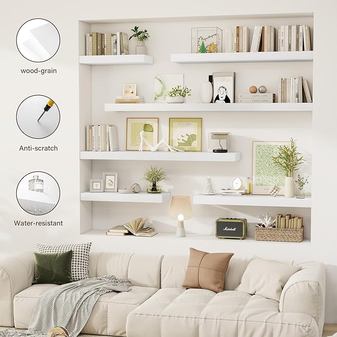 55 Inch Floating Shelves, 12" Deep Floating Shelf Wall Mounted, 55" Wall Shelves, Rustic Deep Bookshelf, Extra Deeper & Thicker Display Shelves for Bedroom, Living Room, White, Set of 2