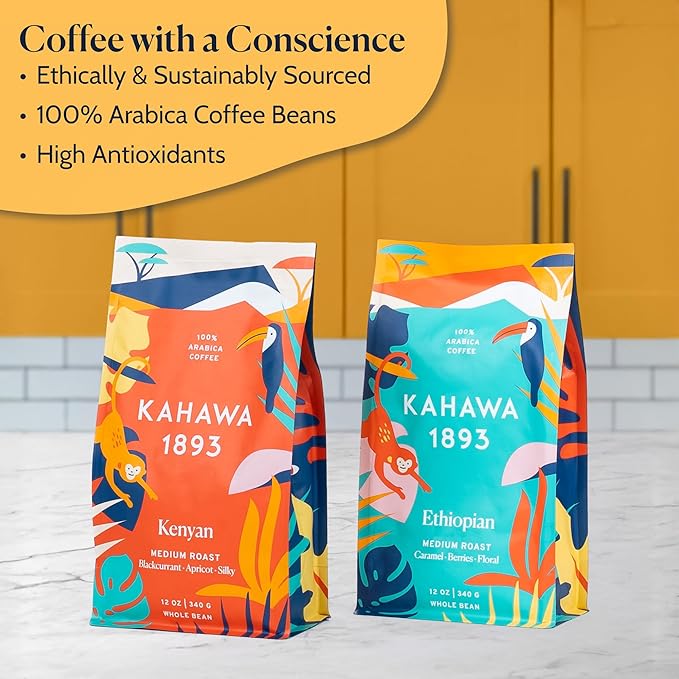 Kahawa 1893 Whole Bean Coffee Combo Pack Kenyan & Ethiopian Blend (12 Oz x 2) - As Seen on Shark Tank, High Antioxidants, Naturally Sweet, Organically Grown, Ethically & Sustainably Sourced