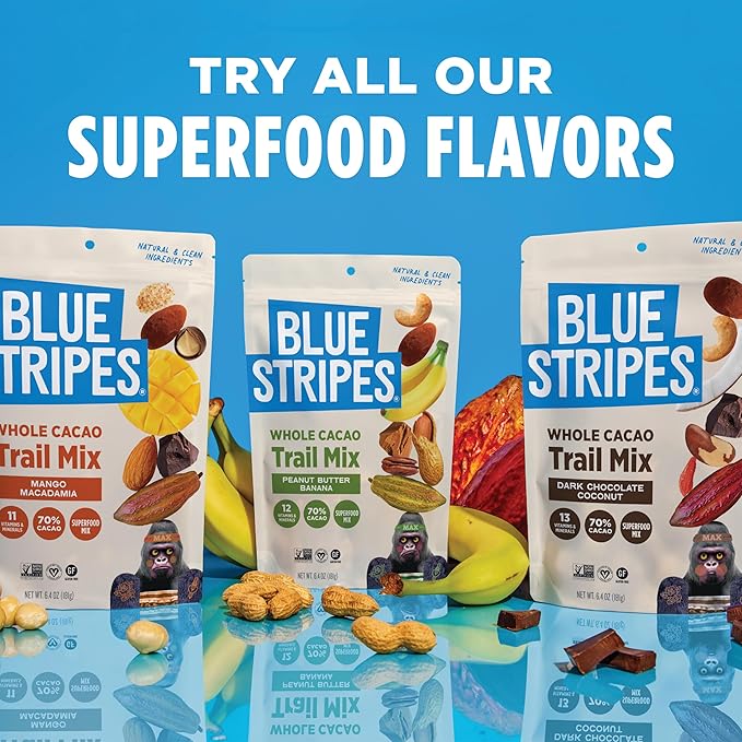 Blue Stripes - Trail Mix, Dark Chocolate Coconut, Mixed Nuts, Healthy Snacks for Adults, Cashews, Whole 70% Cacao, With Unrefined Sugar, Non GMO, Gluten Free, Vegan - 4 Pack, 8 oz
