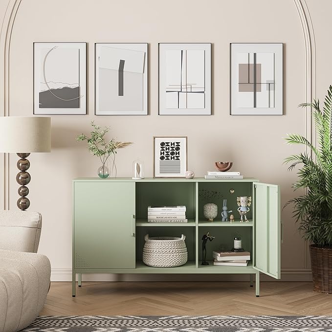 Metal Storage Cabinet,Metal Green TV Stand,Coffee Bar Buffet Cabinet Kitchen Sideboard Storage with Adjustable Shelves for Living Room Bedroom