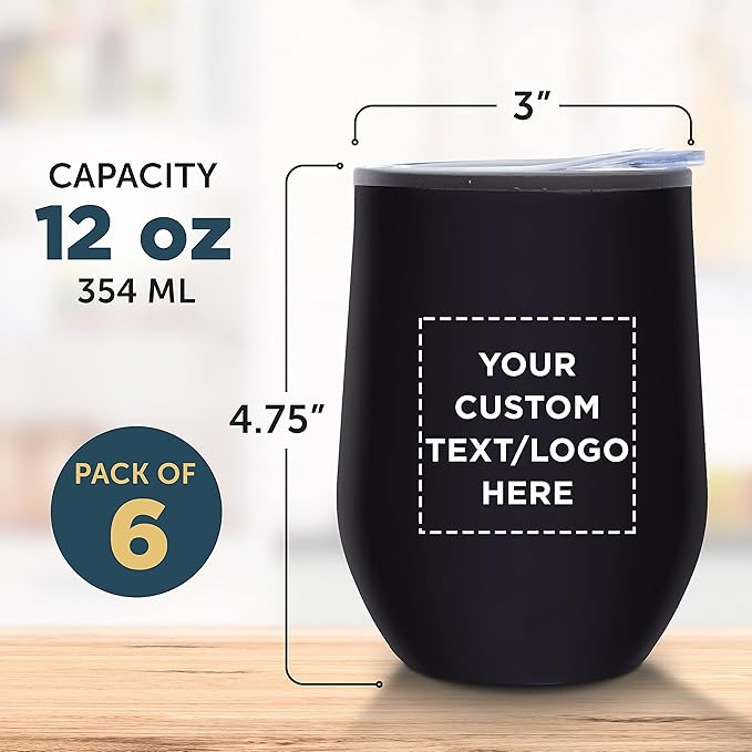 Custom Stemless Wine Tumblers 12 oz. Set of 6, Personalized Bulk Pack - Insulated, Perfect for Wine, Cocktails, Other Hot & Cold Beverages - Black